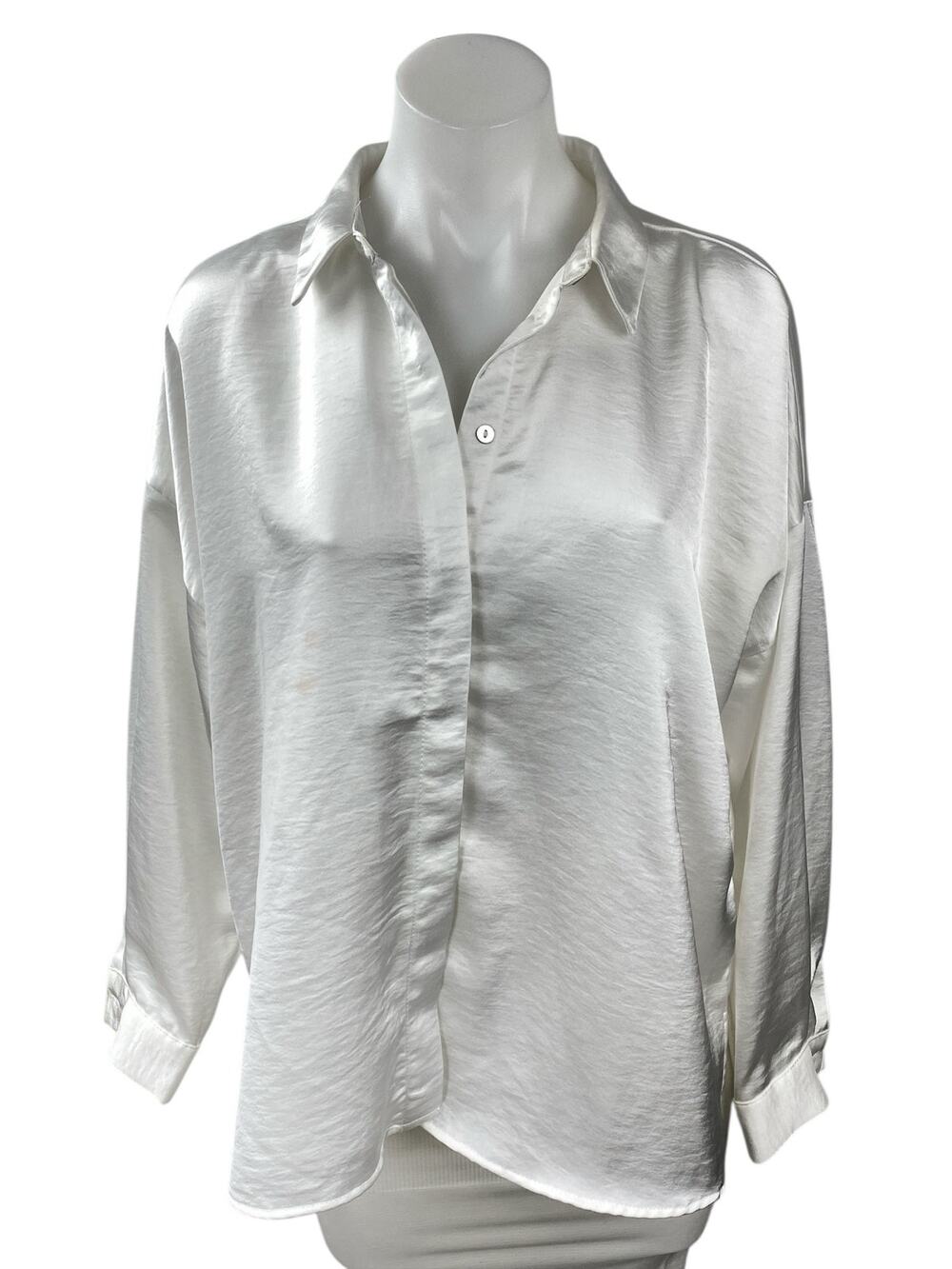 Zara Women's White Silky Satin Collared Long Sleeve Button Down Shirt Top Size M